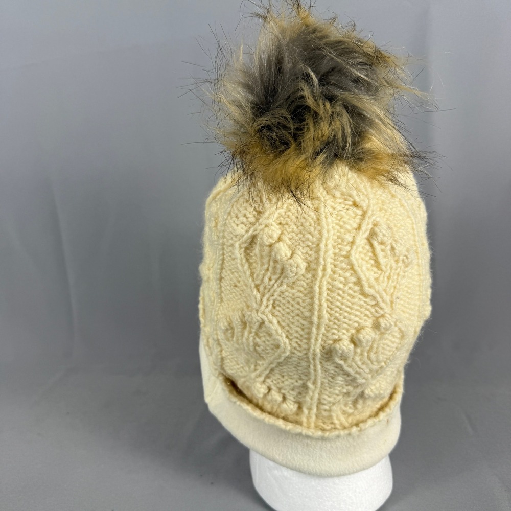 Sijjl Cream Cable Knit Beanie Faux Fur Pom Pom Fleece Lined Winter Hat Ivory - Picture 6 of 6